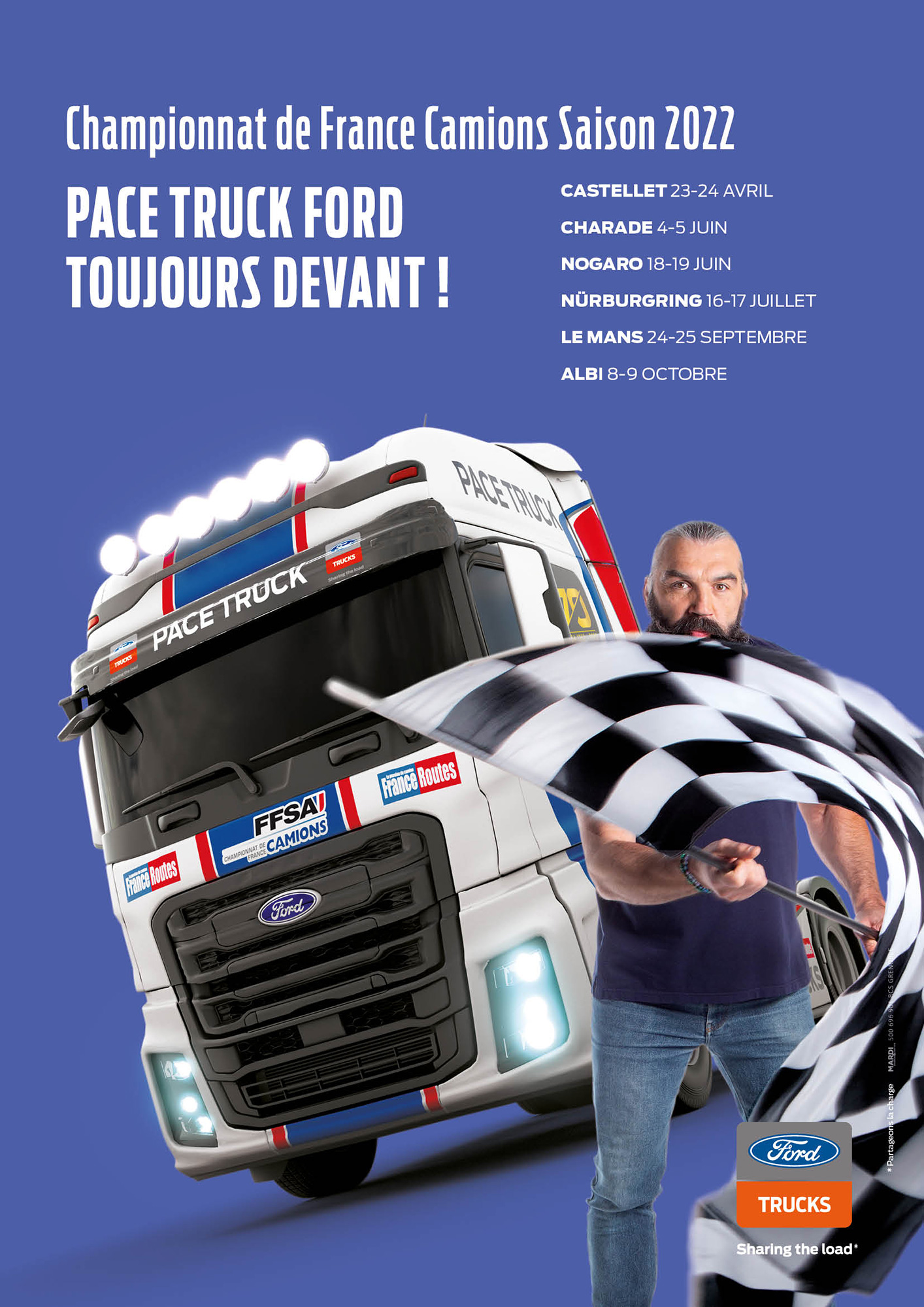 championnat-camions aller voir les cources de camions avec le Pace-Truck Ford devant la meute de camions.